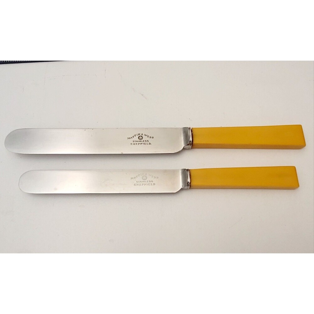VINTAGE Set 24 Knives MAPPIN & WEBB Butterscotch Sheffield Cutlery Yellow KNIFE - Picture 3 of 5